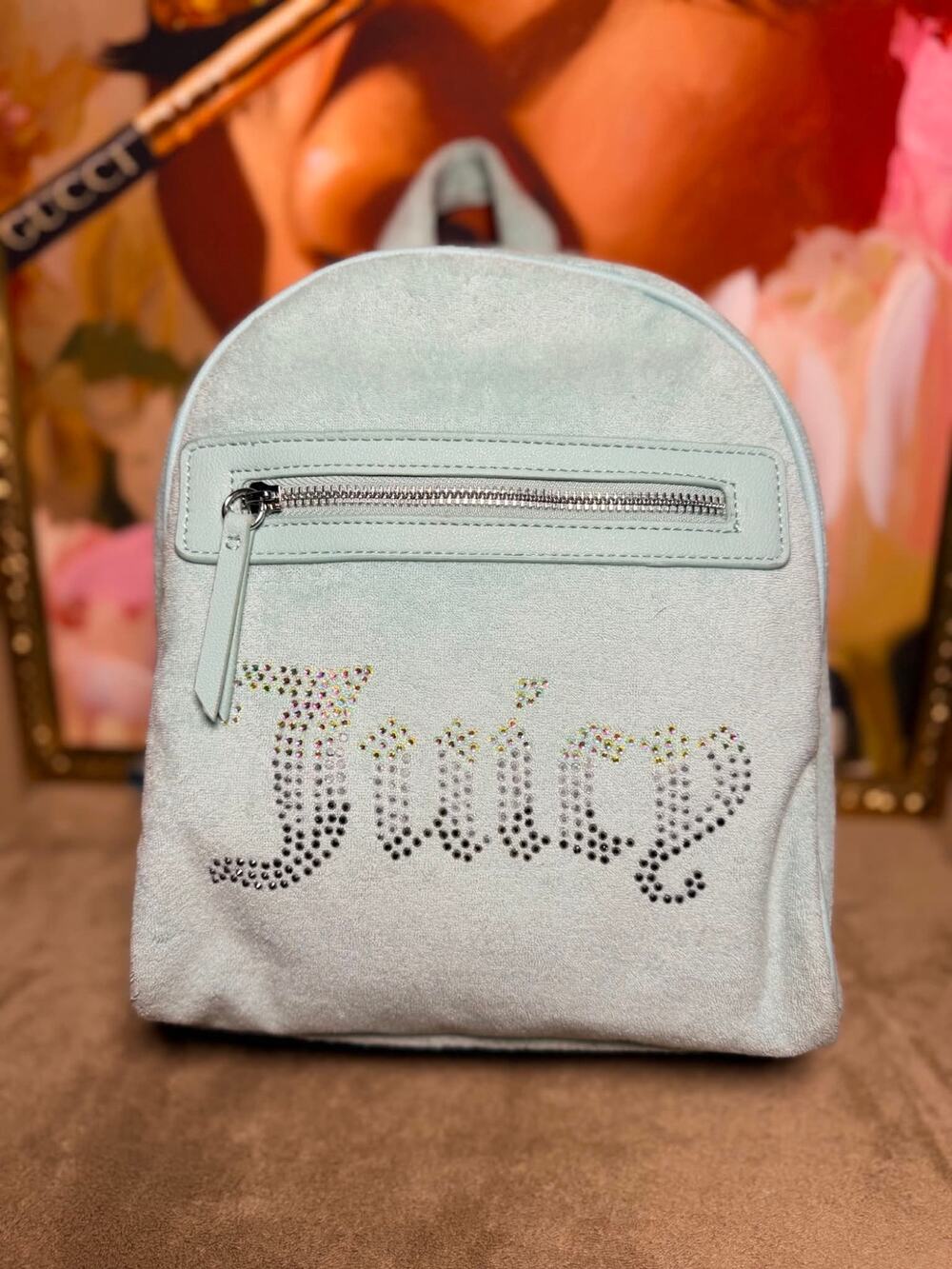 ✨ Juicy Couture NWT "Big Spender" Velour Rhinestone Mini Backpack — Light Blue ✨
